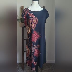 Liz Claiborne Navy Dress with Red and Gold Paisley Print